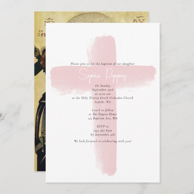 Rosa griechisch-orthodoxe Christening Girl Taufe Einladung (Vorne/Hinten)