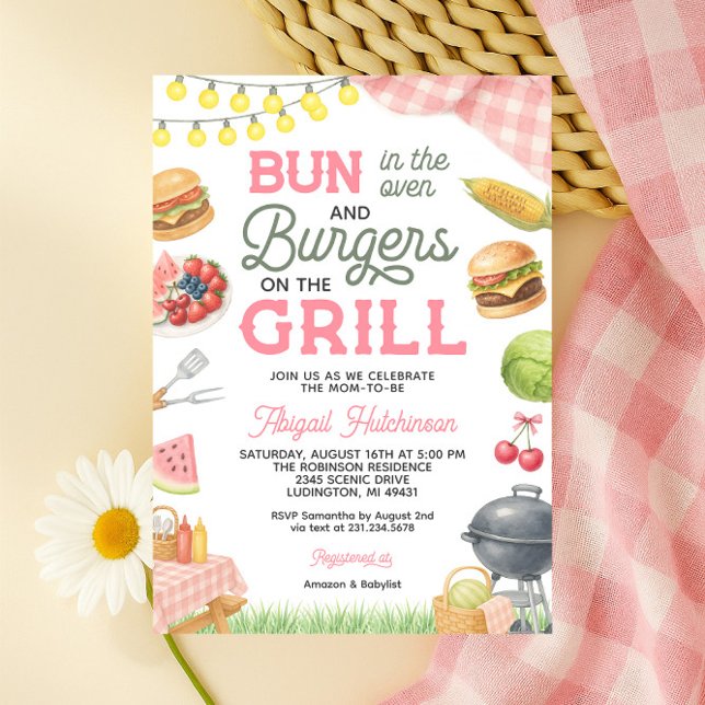 Rosa GRILLEN Kinderdusche Einladung - Bun in Oven (Pink BBQ Baby Shower Invitation - Bun in the Oven)