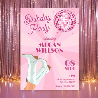 Rosa Groovy Boots Disco Ball Geburtstag Einladung