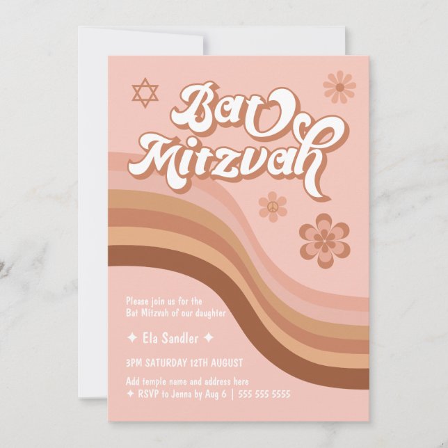 Rosa Groovy Retro Bat Mitzvah Einladung (Vorderseite)