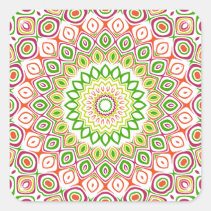 Rosa, Grün, Gelb und Orange Kaleidoskop-Blume Quadratischer Aufkleber