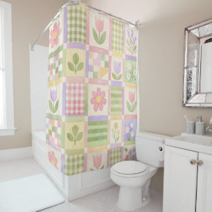 Rosa Grün Gelbe Pastell-Quilt-Patchwork-Blumen  Duschvorhang