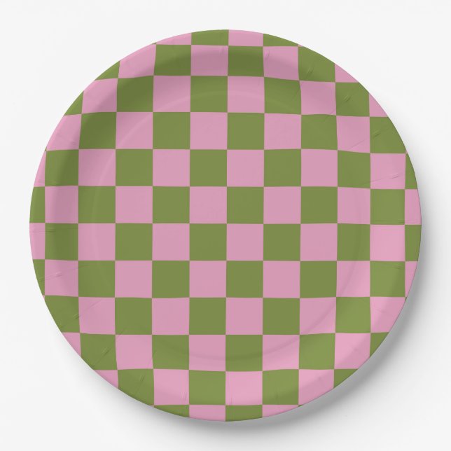 Rosa Grün kariertes Gingham-Muster Pappteller (Vorderseite)