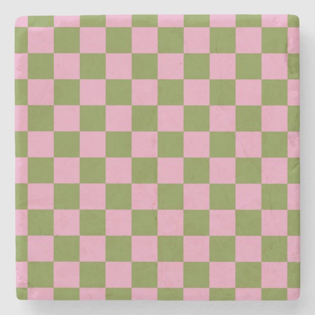 Rosa Grün kariertes Gingham-Muster Steinuntersetzer (Vorderseite)