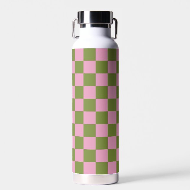 Rosa grün kariertes Gingham-Muster Trinkflasche (Vorne)