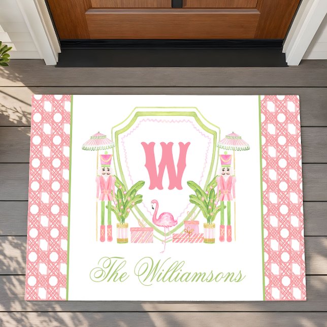 Rosa & Grün Palm Beach Nussknacker Monogramm-Wappe Fußmatte (Von Creator hochgeladen)