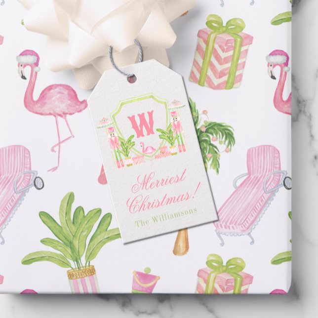 Rosa & Grün Palm Beach Nussknacker Monogramm-Wappe Geschenkanhänger (Von Creator hochgeladen)
