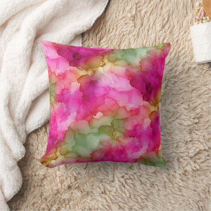 Rosa Grün und sanftes Gold Wasserfarbe Fluid-Marmo Kissen