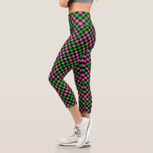 Rosa Grün und Schwarz kariertes Muster Capri Leggings