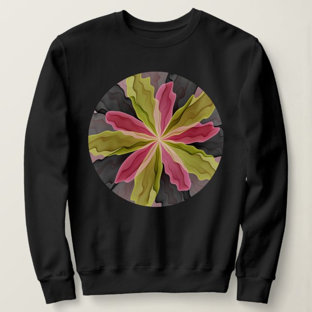 Rosa grüne Anthrazit Fantasy Blume Fraktal Art Sweatshirt (Design vorne)
