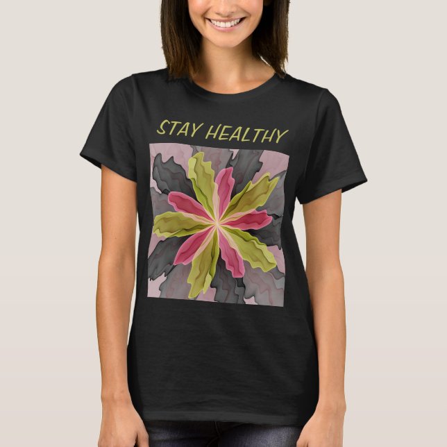 Rosa grüne Anthrazit Fantasy Blume Fraktal Text T-Shirt (Vorderseite)