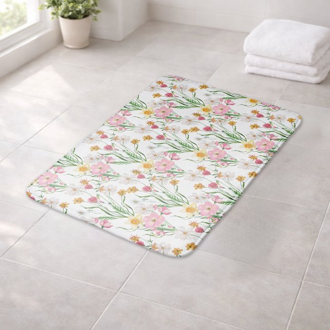 Rosa grüne Aquarell-Wildblume Badematte (Pink Green Watercolor Wildflower Floral Bath Mat)
