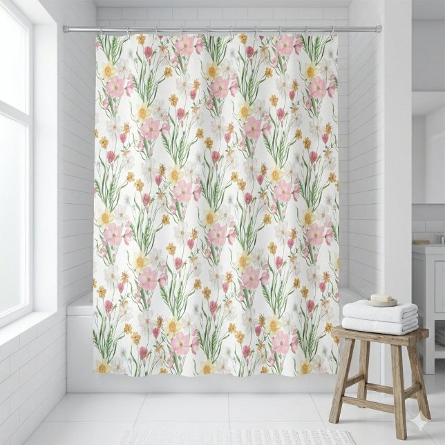 Rosa Grüne Aquarell-Wildblume Duschvorhang (Pink Green Watercolor Wildflower Floral Shower Curtain)