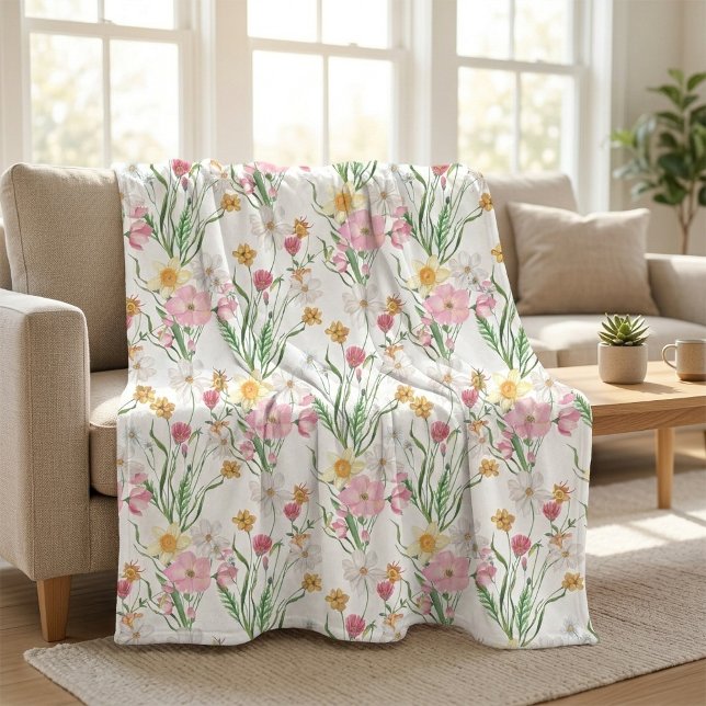 Rosa grüne Aquarell-Wildblume Fleecedecke (Pink Green Watercolor Wildflower Floral Fleece Blanket)