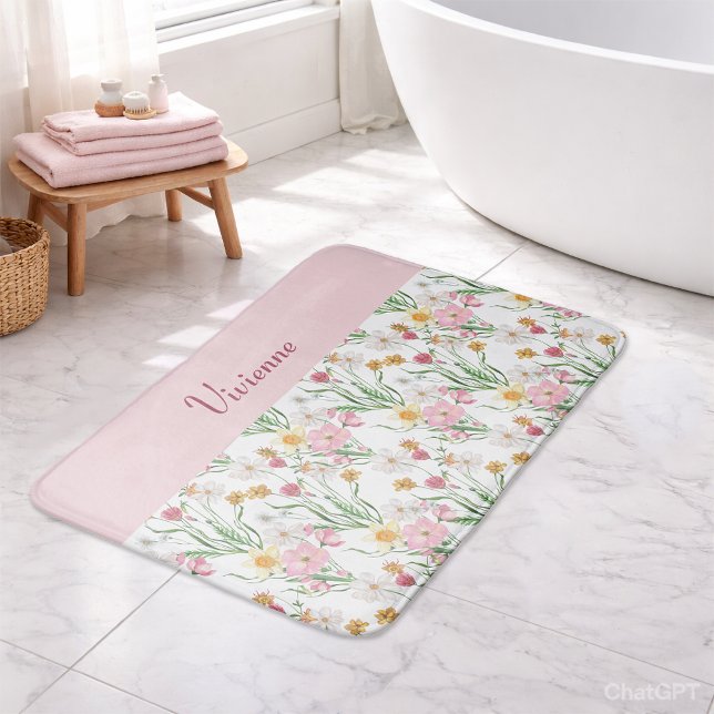 Rosa grüne Aquarell-Wildblumen-Monogramm Badematte (Pink Green Watercolor Wildflower Monogram Bath Mat)