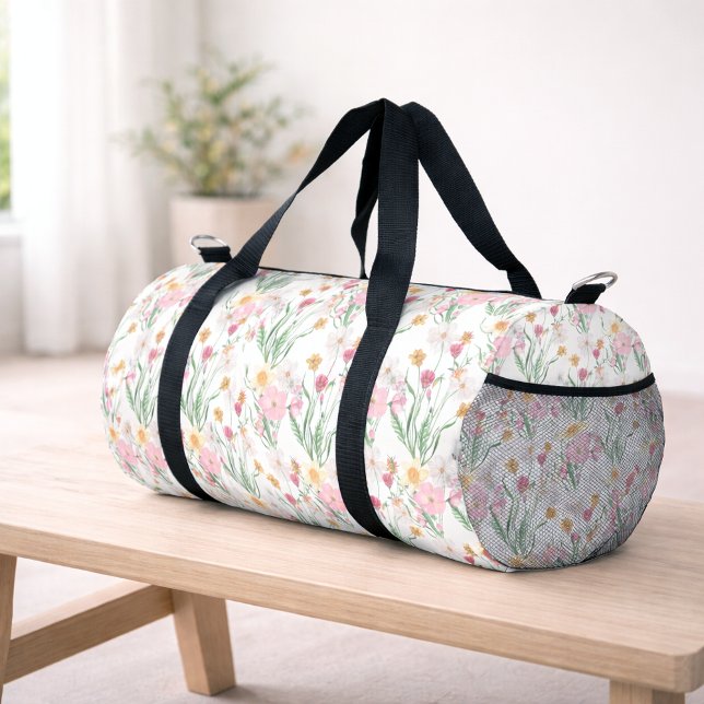Rosa Grüne Aquarell-Wildblumen-Monogramm Duffle Bag (Pink Green Wildflower Watercolor Floral Duffel Bag)