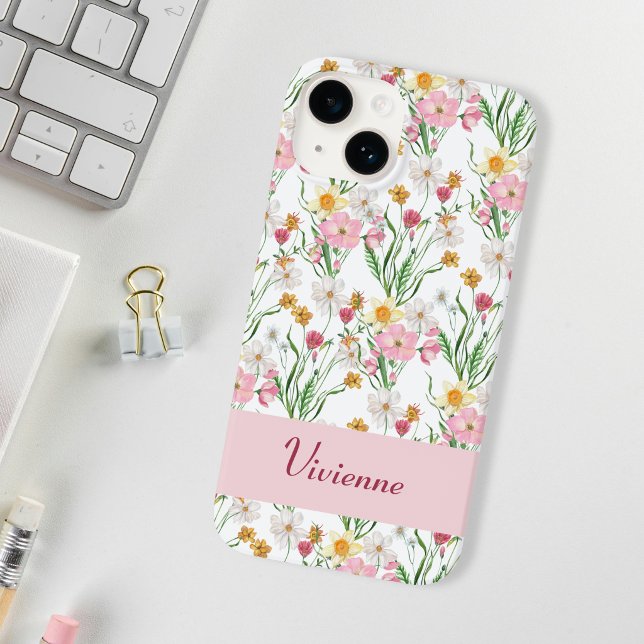 Rosa grüne Aquarell-Wildblumen-Name Case-Mate iPhone Hülle (Pink Wildflower Monogram Phone Case)