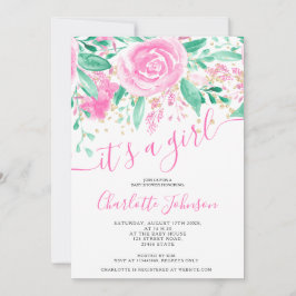 Rosa grüne blühende Rose Aquarellmädchen Babydusch Einladung