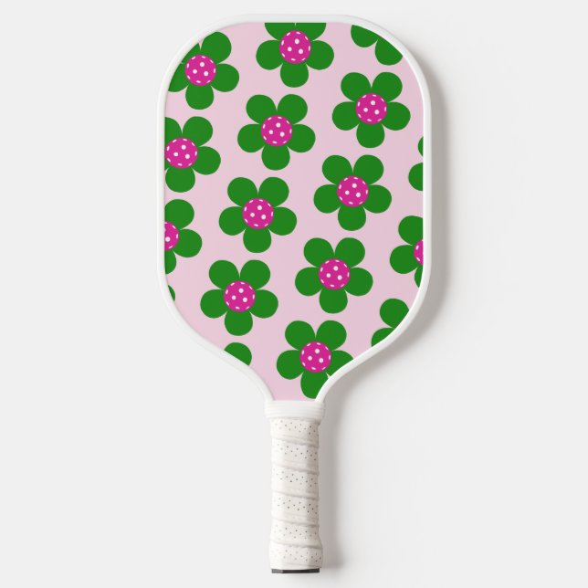 Rosa + Grüne Blume, gürtlich niedlich Pickleball Schläger (Vorderseite)