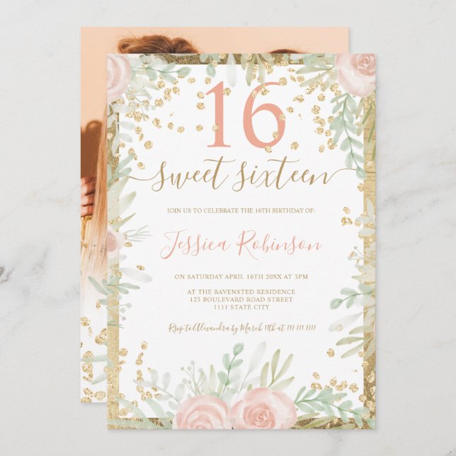 Rosa grüne Blumenfarbe Sweet 16 Foto Einladung (Vorne/Hinten)