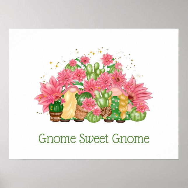 Rosa grüne Blumengnomen Gnome Sweet Gnome Poster (Vorne)
