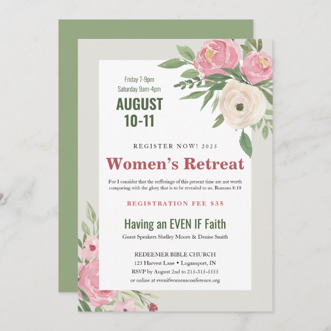 Rosa grüne Blumenkirche Frauenrückzug Einladung (Vorne/Hinten)