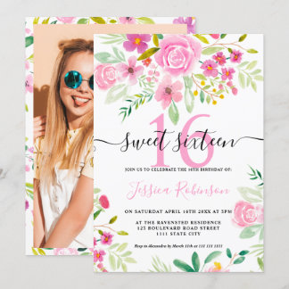 Rosa grüne Blumenschrift Sweet 16 Einladung