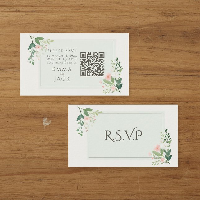 Rosa grüne Blumenzange RSVP QR Code Begleitkarte (Pink green Floral Wedding RSVP QR Code Enclosure Card.)