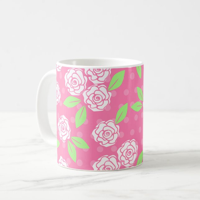 Rosa grüne blumige feminine Shabby-Chic-Optik Kaffeetasse (Vorderseite Links)