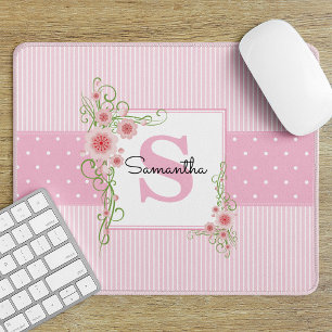 Rosa grüne Blüten und Streifen Mit Monogramm Mousepad