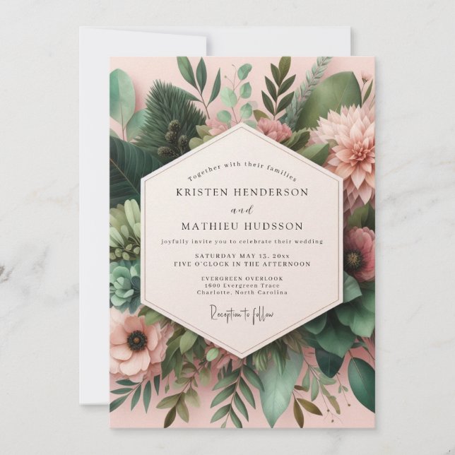 Rosa grüne botanische Hochzeit Einladung (Vorderseite)