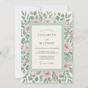 Rosa grüne botanische Romantik-Hochzeit Einladung
