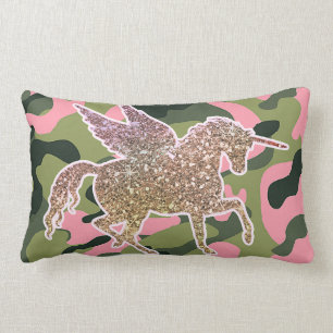 Rosa grüne Camo-Tarnung & Gold Glitter Einhorn Lendenkissen