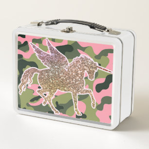 Rosa grüne Camo-Tarnung & Gold Glitter Einhorn Metall Brotdose
