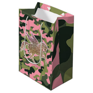 Rosa grüne Camouflage Camouflage & Gold Glitzer Ei Mittlere Geschenktüte