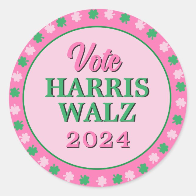 Rosa Grüne Clover 2024 Abstimmung Harris Walz Runder Aufkleber (Vorderseite)