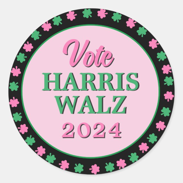 Rosa Grüne Clover 2024 Abstimmung Harris Walz Runder Aufkleber (Vorderseite)