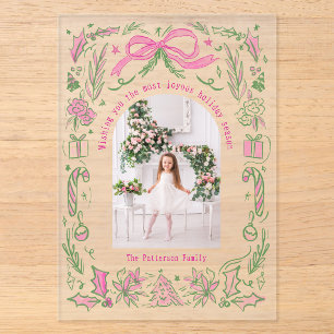 Rosa-grüne Coquette-Weihnachtsfamilienfoto-Doodle Acryleinladungen