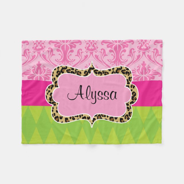 Rosa grüne Damast-Leopard-Wurfs-Decke Fleecedecke (Vorderseite (Horizontal))