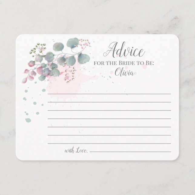 Rosa grüne Eukalyptusberatung für die Braut Hinweiskarte (Vorderseite)