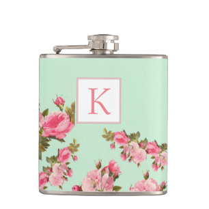 Rosa grüne florale Monogramm-Brautjungfer-Flasche Flachmann