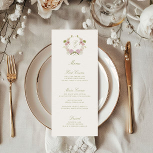 Rosa Grüne Florale Monogramm-Wappen Hochzeit Menükarte