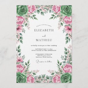 Rosa grüne florale romantische Hochzeit Einladung