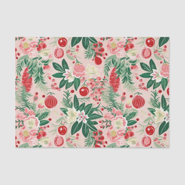 Rosa grüne Florals Retro Weihnachten Seidenpapier (Vorderseite)