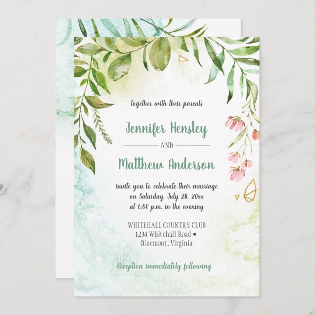 Rosa grüne Goldbotanicals Hochzeit Einladung (Vorne/Hinten)