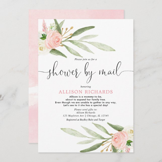 Rosa grüne goldene Dusche mit Kindermädchen Einladung (Vorne/Hinten)