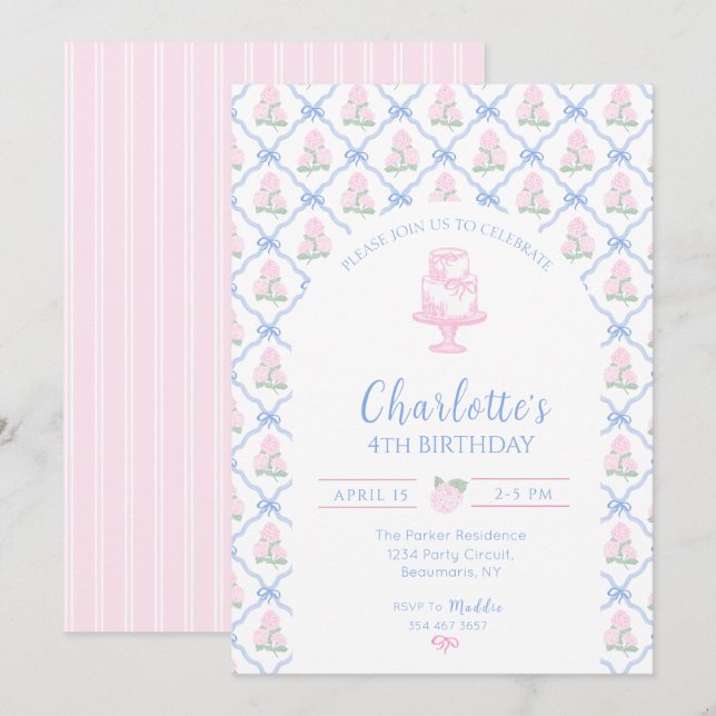 Rosa-grüne Hortensien-Tanne mit blauem Band Einladung (Vorne/Hinten)