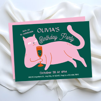 Rosa grüne Katze zum Geburtstag Einladung