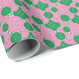 Rosa & Grüne Knöpfe Gingham - Bastel- und Nähzimme Geschenkpapier