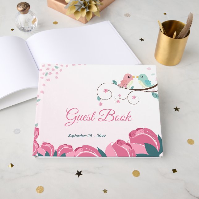 Rosa grüne Liebesvögel Blume Blätter Gästebuch (Vorderseite Offen)